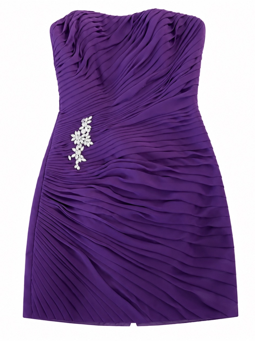 Impressions Purple Strapless Ruched Cocktail Dress with Floral Crystal Accent